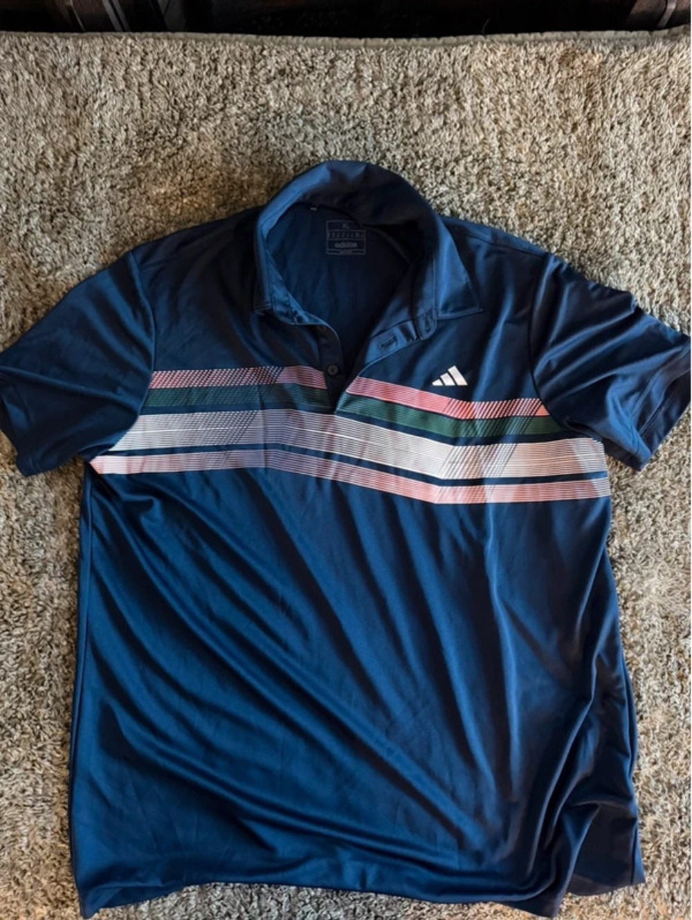 Adidas Men's XL Navy Blue Polo Shirt with Multicolor Stripes